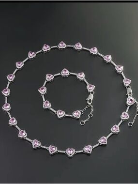 Sterling Silver Heart Pink Crystal Necklace & Bracelet Set